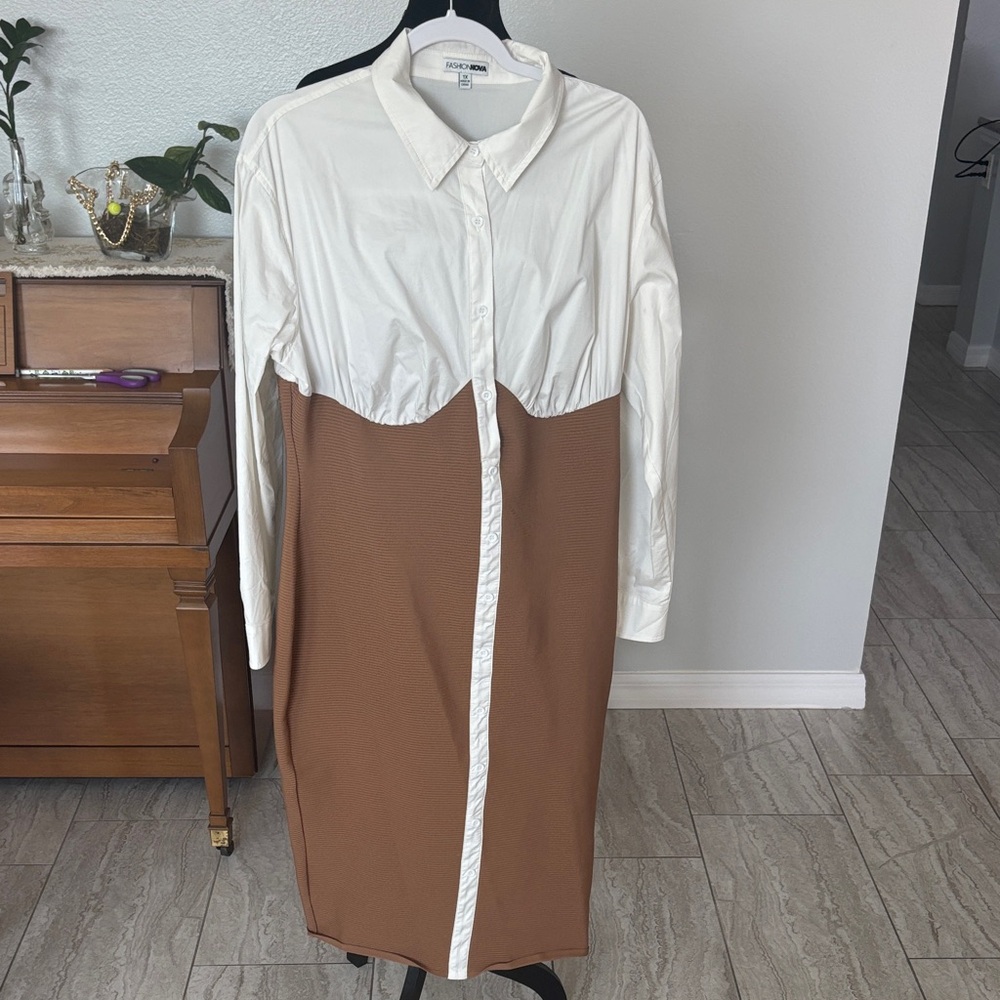 Fashion Nova Cream Button-Up Dress